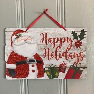 NWT Gleaming Red Glittered Santa Happy Holidays Planked Wood Decoration Sign